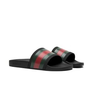 Gucci Men's Black Slides with Green and Red Stripes